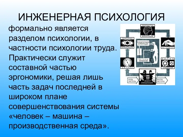 ИНЖЕНЕРНАЯ ПСИХОЛОГИЯ формально является разделом психологии, в частности психологии труда.