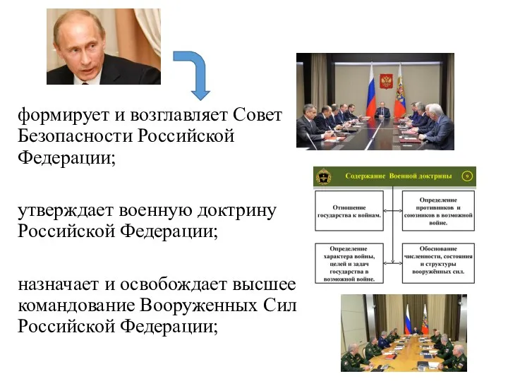 формирует и возглавляет Совет Безопасности Российской Федерации; утверждает военную доктрину