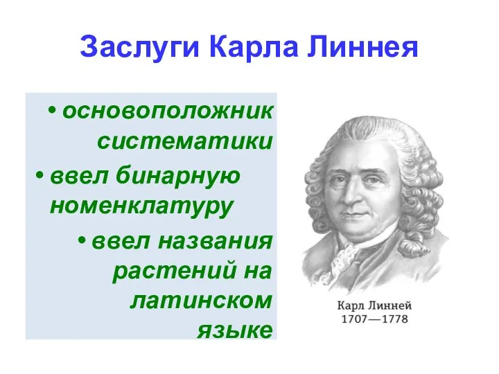 Заслуги Карла Линнея основоположник систематики ввел бинарную номенклатуру ввел названия растений на латинском языке