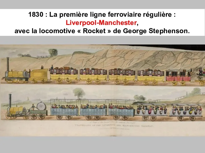 1830 : La première ligne ferroviaire régulière : Liverpool-Manchester, avec