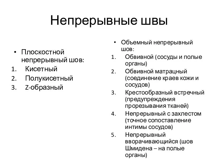 Непрерывные швы Плоскостной непрерывный шов: Кисетный Полукисетный Z-образный Объемный непрерывный