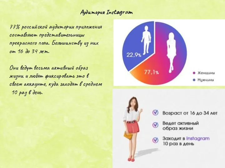 Аудитория Instagram 77% российской аудитории приложения составляют представительницы прекрасного пола.