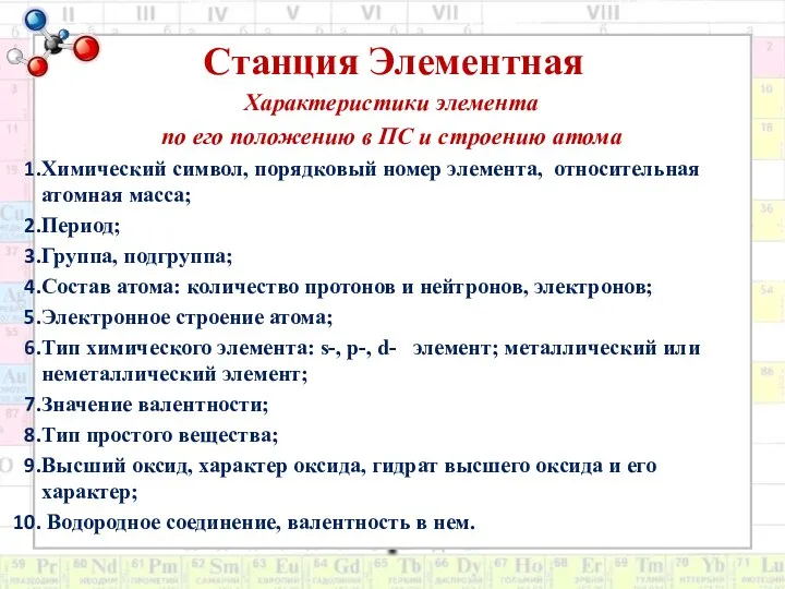 Станция Элементная Характеристики элемента по его положению в ПС и