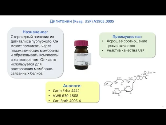 Дигитонин (Reag. USP) A1905,0005 Назначение: Стероидный гликозид из дигиталиса пурпурного.