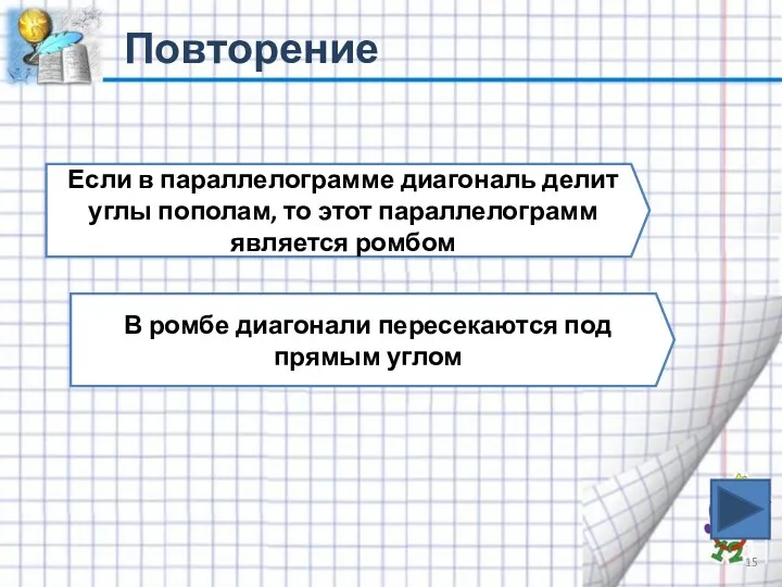 Повторение Если в параллелограмме диагональ делит углы пополам, то этот