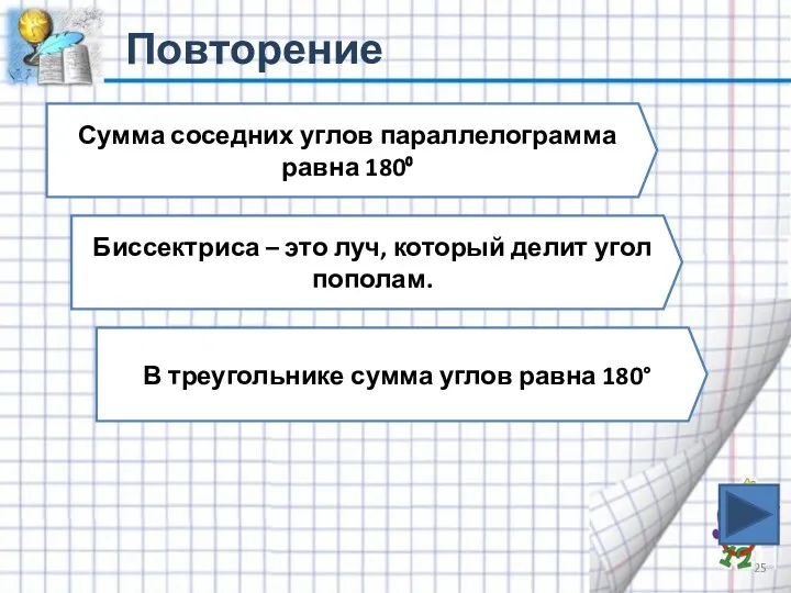 Повторение Сумма соседних углов параллелограмма равна 180⁰ Биссектриса – это