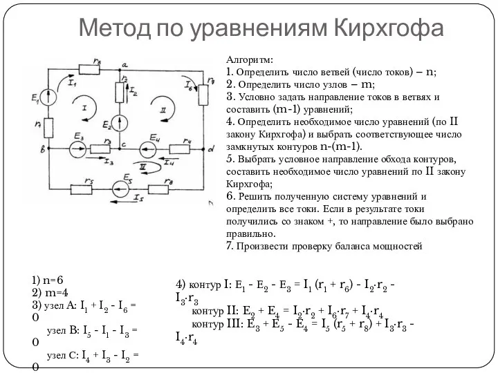 Метод по уравнениям Кирхгофа Алгоритм: 1. Определить число ветвей (число токов) – n;
