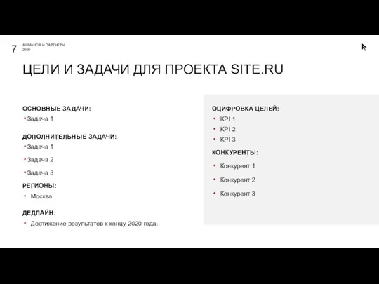 ЦЕЛИ И ЗАДАЧИ ДЛЯ ПРОЕКТА SITE.RU ОСНОВНЫЕ ЗАДАЧИ: Задача 1