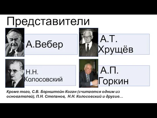 Представители Кроме того, С.В. Бернштейн-Коган (считается одним из основателей), П.Н. Степанов, Н.Н. Колосовский и другие…