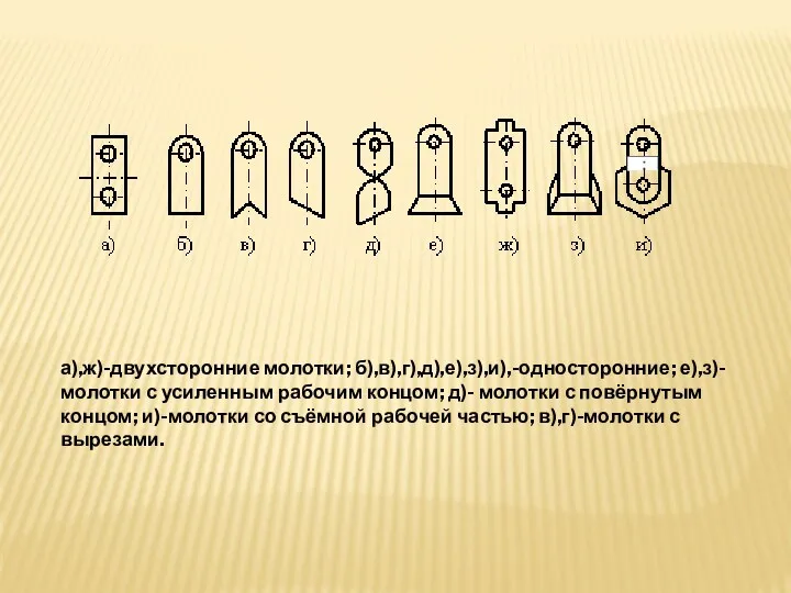 а),ж)-двухсторонние молотки; б),в),г),д),е),з),и),-односторонние; е),з)- молотки с усиленным рабочим концом; д)-