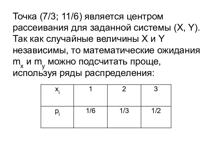 Точка (7/3; 11/6) является центром рассеивания для заданной системы (X,