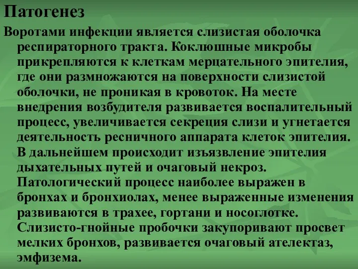 Патогенез Воротами инфекции является слизистая оболочка респираторного тракта. Коклюшные микробы