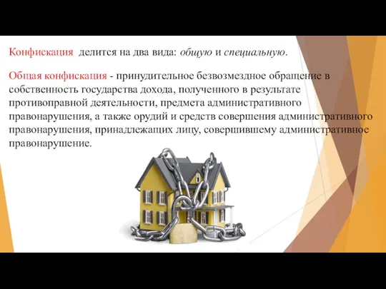 Конфискация делится на два вида: общую и специальную. Общая конфискация