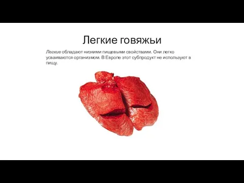 Легкие говяжьи Легкие обладают низкими пищевыми свойствами. Они легко усваиваются