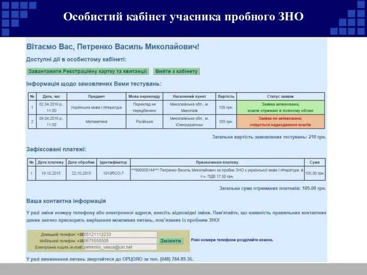 Особистий кабінет учасника пробного ЗНО