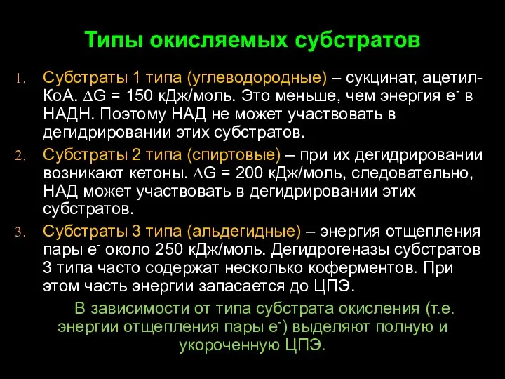 Типы окисляемых субстратов Субстраты 1 типа (углеводородные) – сукцинат, ацетил-КоА.