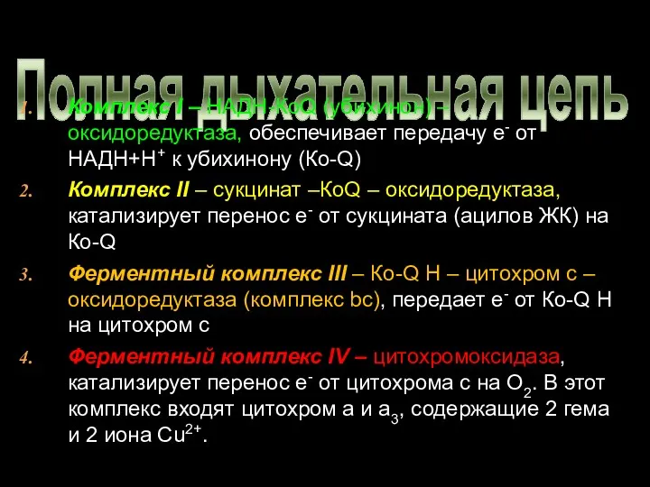 Полная дыхательная цепь Комплекс I – НАДН-КоQ (убихинон) – оксидоредуктаза,