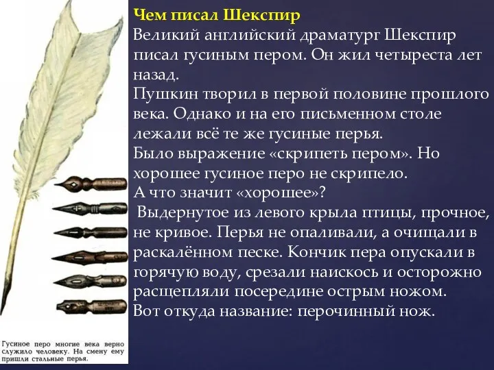 Чем писал Шекспир Великий английский драматург Шекспир писал гусиным пером.