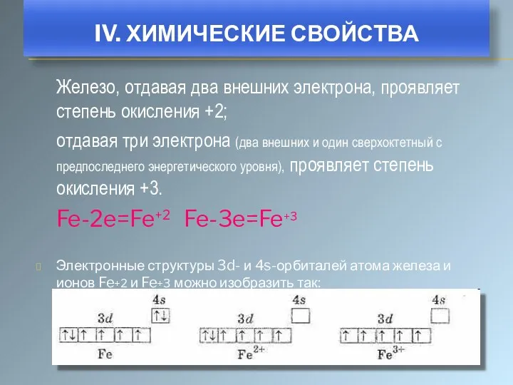 Железо, отдавая два внешних электрона, проявляет степень окисления +2; отдавая