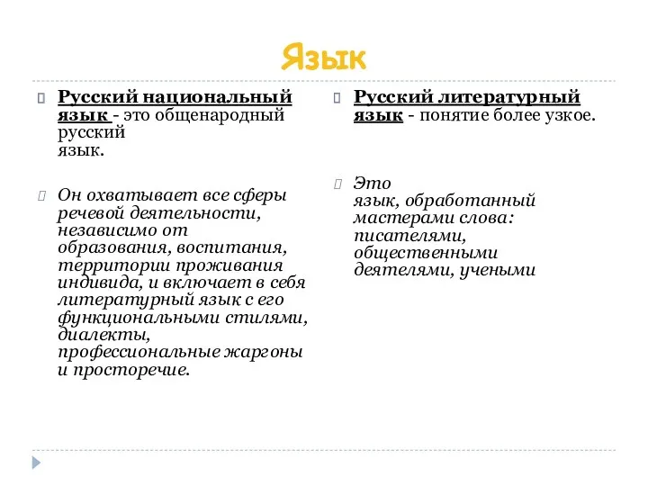 Язык Русский национальный язык - это общенародный русский язык. Он