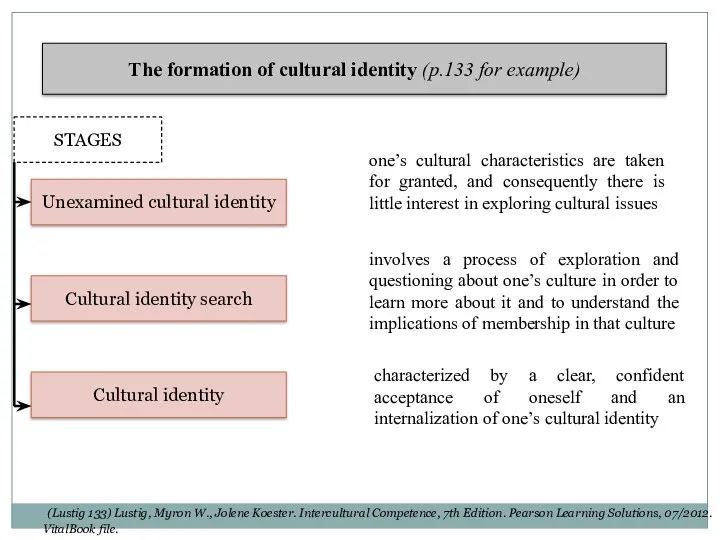 The formation of cultural identity (p.133 for example) STAGES Unexamined