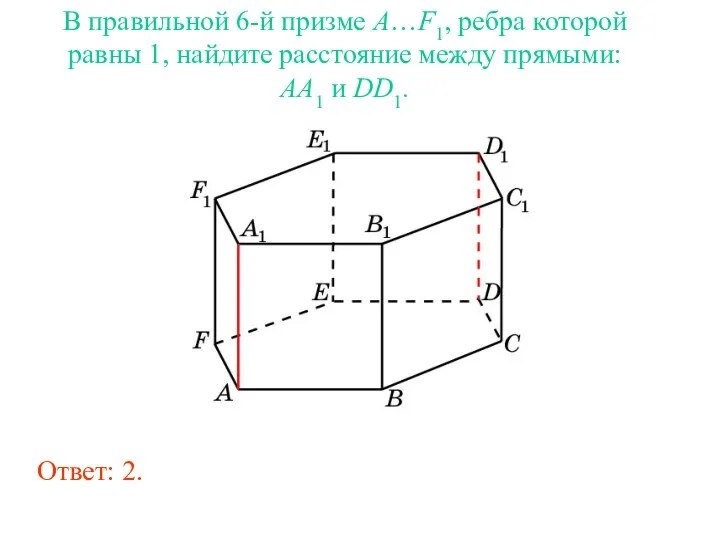 В правильной 6-й призме A…F1, ребра которой равны 1, найдите