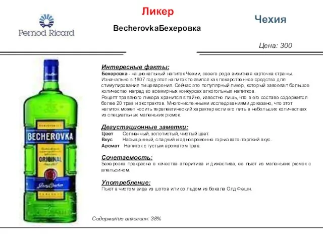 Цена: 300 Чехия Интересные факты: Бехеровка - национальный напиток Чехии, своего рода визитная