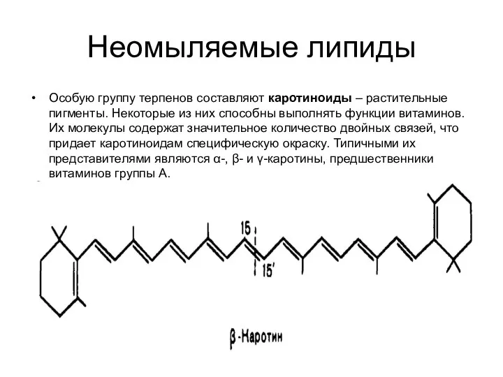 Неомыляемые липиды Особую группу терпенов составляют каротиноиды – растительные пигменты.