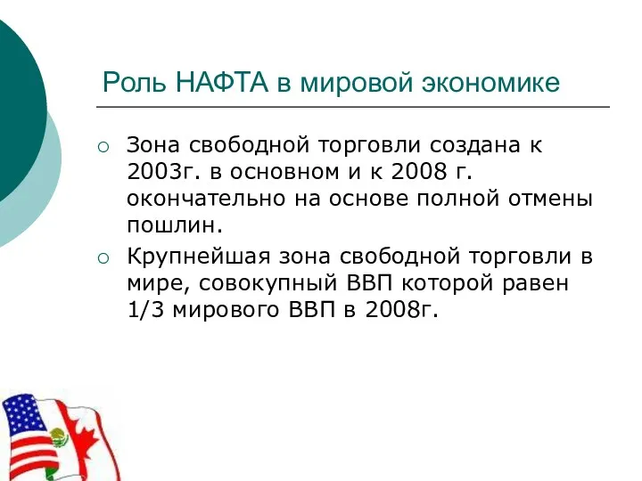 Роль НАФТА в мировой экономике Зона свободной торговли создана к