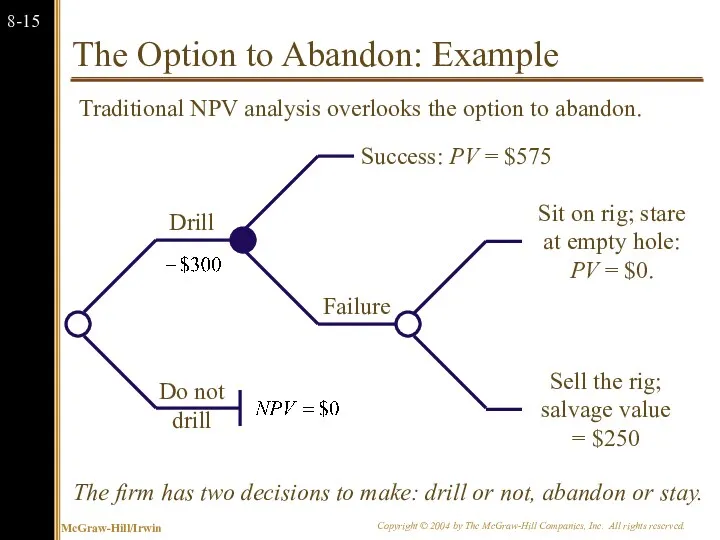 The Option to Abandon: Example The firm has two decisions