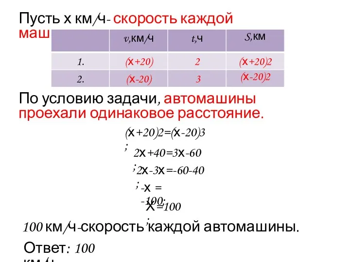 Пусть х км/ч- скорость каждой машины. По условию задачи, автомашины