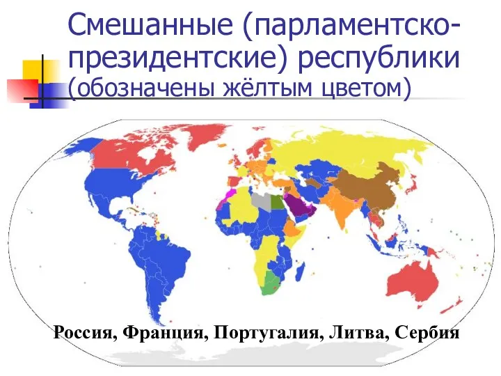 Смешанные (парламентско-президентские) республики (обозначены жёлтым цветом) Россия, Франция, Португалия, Литва, Сербия