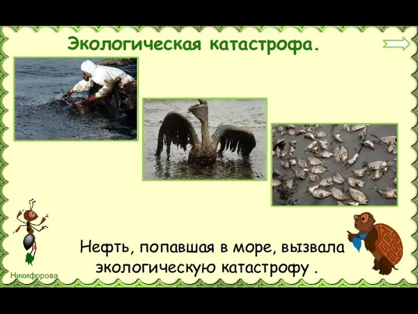 Нефть, попавшая в море, вызвала экологическую катастрофу . Экологическая катастрофа.