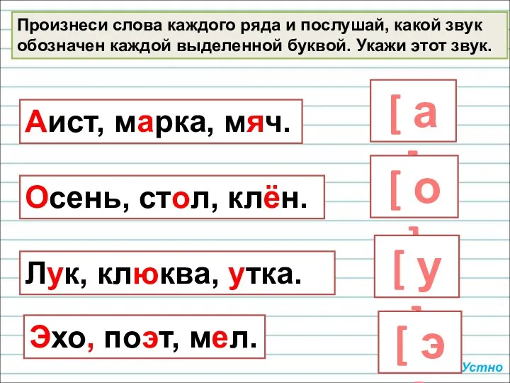 Произнеси слова каждого ряда и послушай, какой звук обозначен каждой