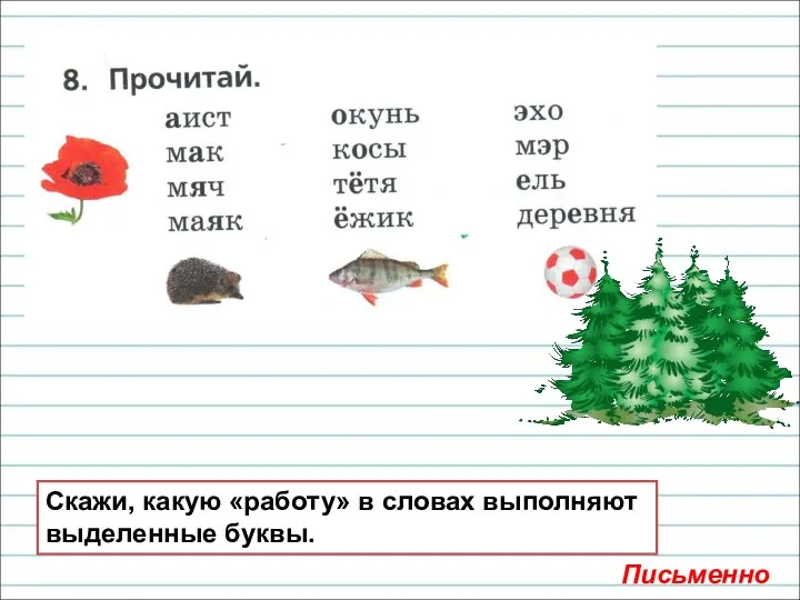 Скажи, какую «работу» в словах выполняют выделенные буквы. Письменно