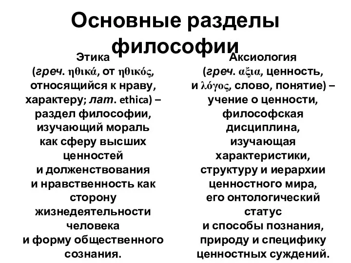 Основные разделы философии Этика (греч. ηθικά, от ηθικός, относящийся к