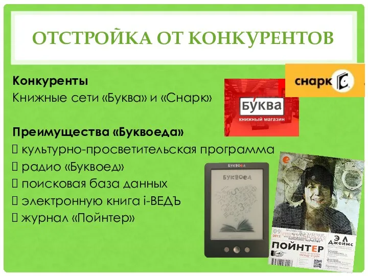 ОТСТРОЙКА ОТ КОНКУРЕНТОВ Конкуренты Книжные сети «Буква» и «Снарк» Преимущества