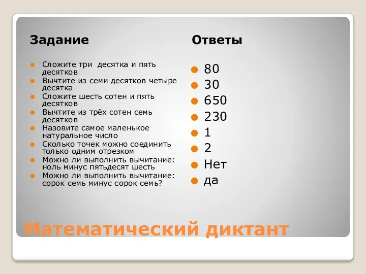 Математический диктант Задание Ответы Сложите три десятка и пять десятков