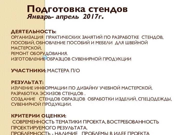 ДЕЯТЕЛЬНОСТЬ: ОРГАНИЗАЦИЯ ПРАКТИЧЕСКИХ ЗАНЯТИЙ ПО РАЗРАБОТКЕ СТЕНДОВ, ПОСОБИЙ, ОБНОВЛЕНИЕ ПОСОБИЙ