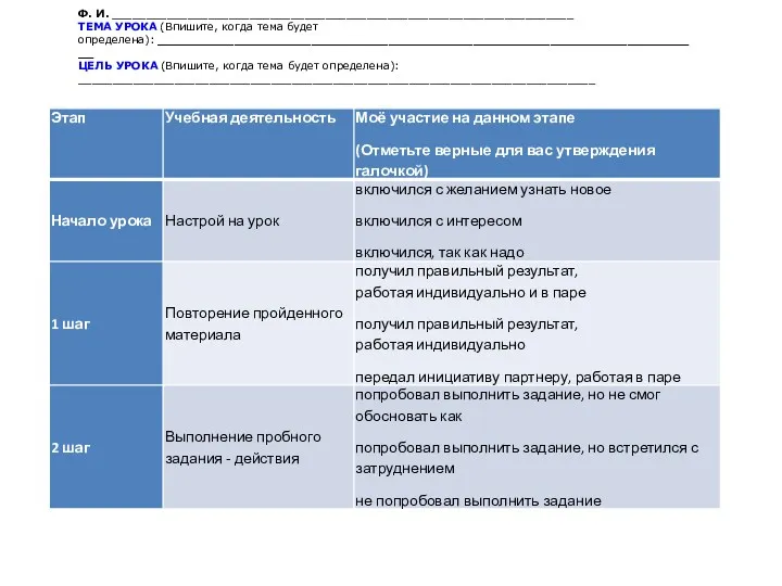 Ф. И. ___________________________________________________________________ ТЕМА УРОКА (Впишите, когда тема будет определена):