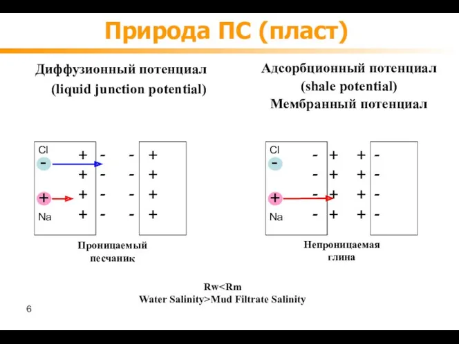 Природа ПС (пласт) Диффузионный потенциал (liquid junction potential) Проницаемый песчаник Cl - -