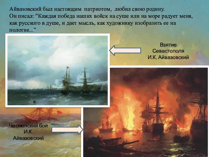 Айвазовский был настоящим патриотом, любил свою родину. Он писал: "Каждая победа наших войск