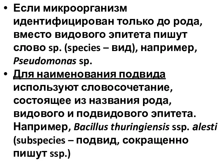 Если микроорганизм идентифицирован только до рода, вместо видового эпитета пишут слово sp. (species