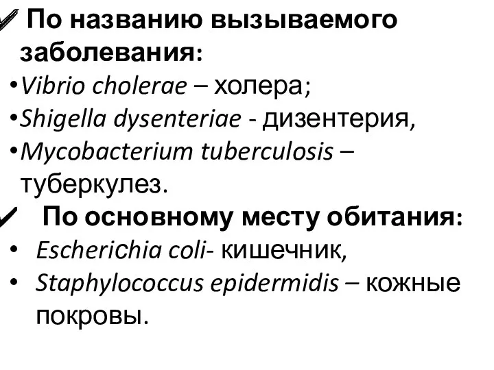 По названию вызываемого заболевания: Vibrio cholerae – холера; Shigella dysenteriae