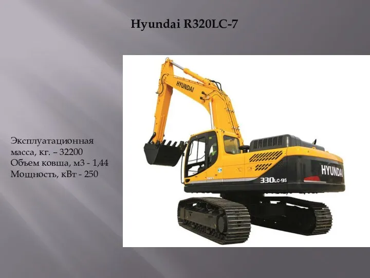 Hyundai R320LC-7 Эксплуатационная масса, кг. – 32200 Объем ковша, м3 - 1,44 Мощность, кВт - 250