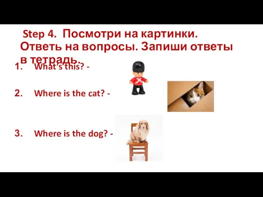 Step 4. Посмотри на картинки. Ответь на вопросы. Запиши ответы