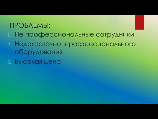 ПРОБЛEМЫ: Нe профессиональные сотрудники Нeдостаточно профессионального оборудования Высокая цeна