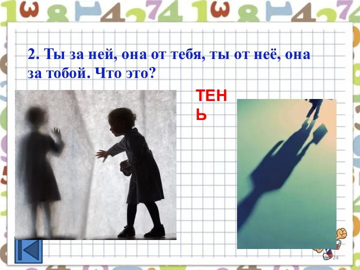 2. Ты за ней, она от тебя, ты от неё, она за тобой. Что это? ТЕНЬ