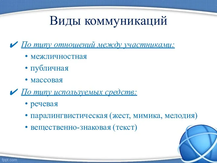 Виды коммуникаций По типу отношений между участниками: межличностная публичная массовая