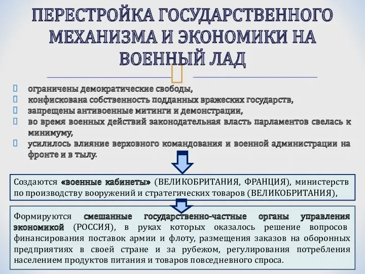 ограничены демократические свободы, конфискована собственность подданных вражеских государств, запрещены антивоенные